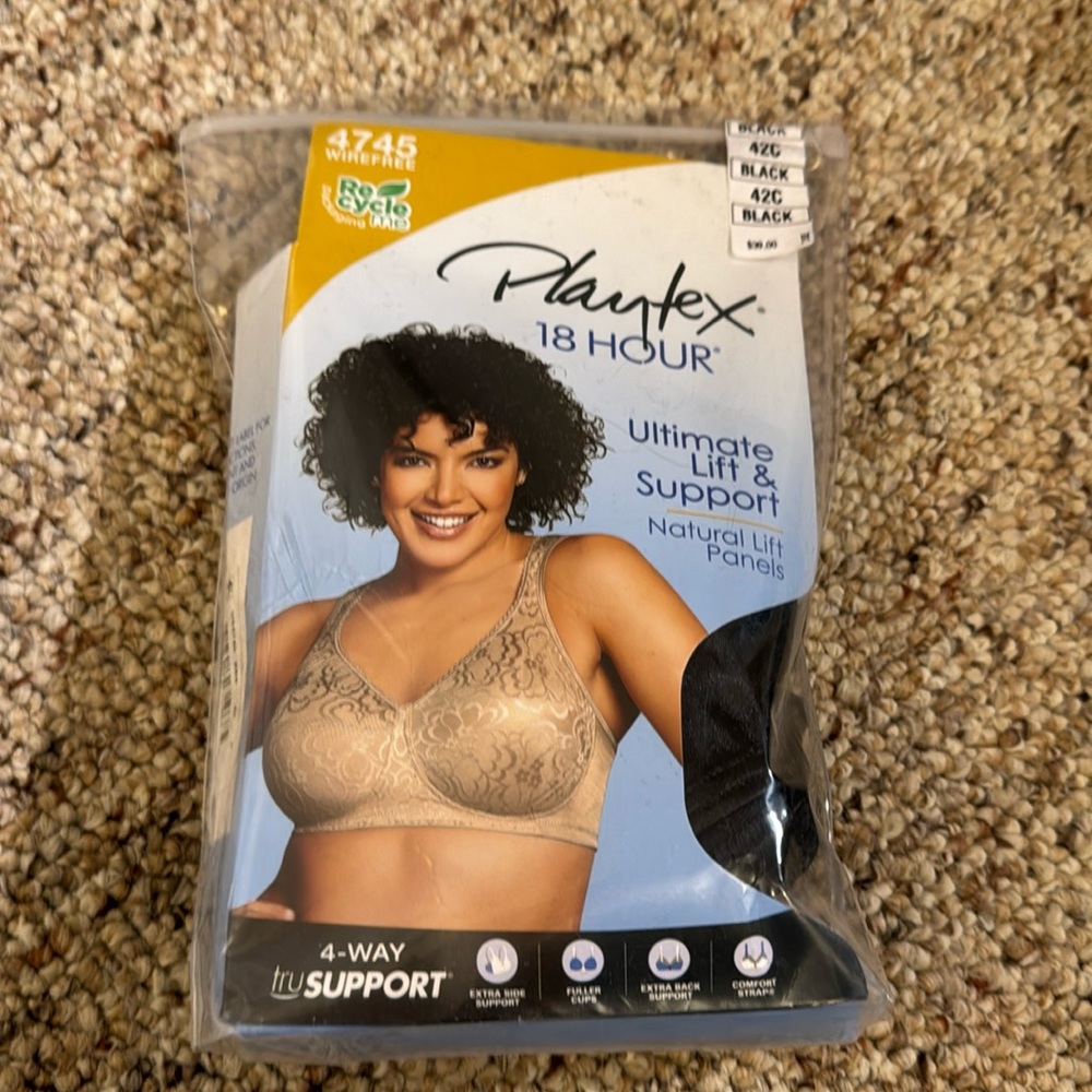 Playtex 18 Hour Wire Free Cotton Stretch Bra 42C in Black - Picture 1 of 2